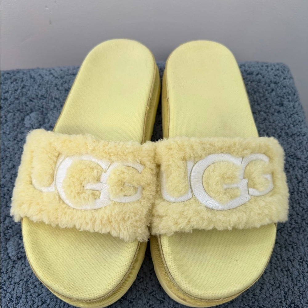 UGG Fluffy Yellow Slide Sandals